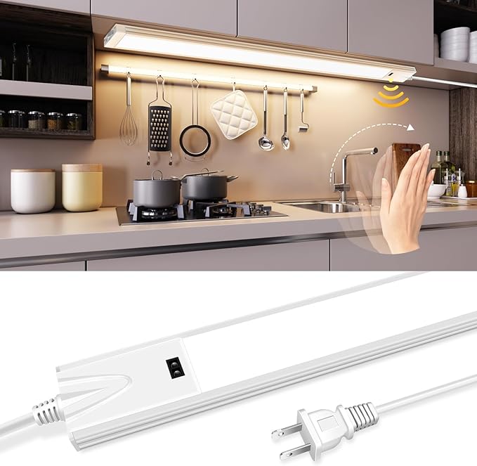 21 Inch Motion Sensor Under Cabinet Lighting, 3CCT Under Cabinet Lights Plug in, Dimmable Closet Lights with Hand Wave, Under Counter Fixtures for Kitchen(1 Pack)