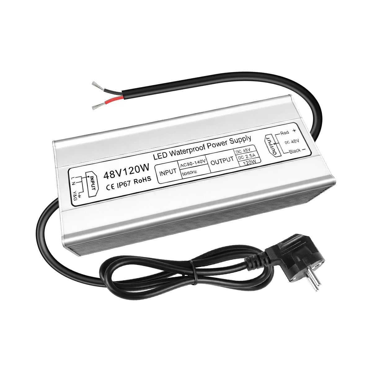 120W 36V/48V Waterproof LED Power Supply, 175-265V Input, Single Output, Aluminum Housing, Outdoor LED Lighting Driver, CE/RoHS/FCC Certified, UK/EU Plug