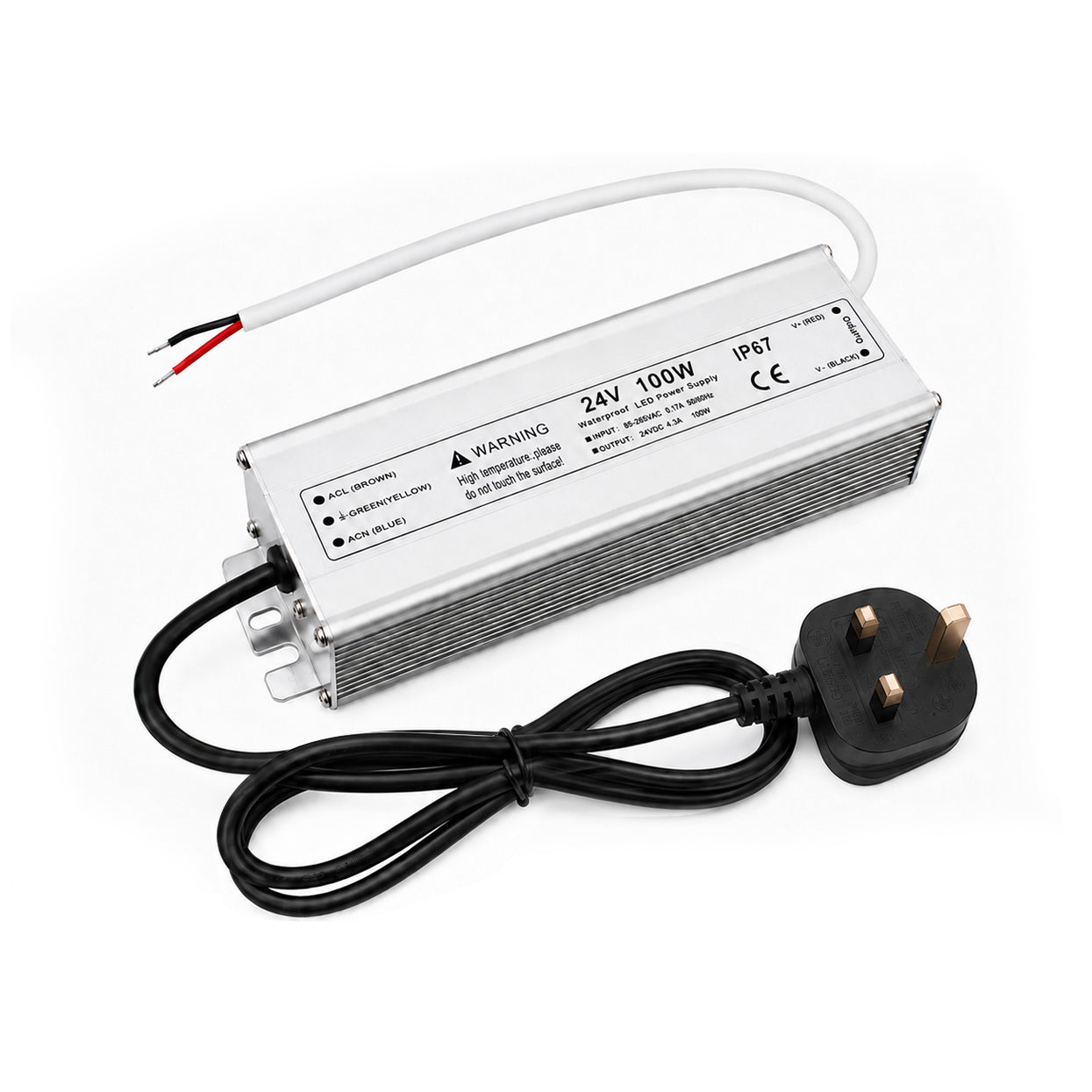 100W 12V/24V Waterproof LED Power Supply, 90-265V Input, Single Output, Aluminum Housing, Outdoor LED Lighting Driver, CE/RoHS/FCC Certified, US/UK/EU Plug