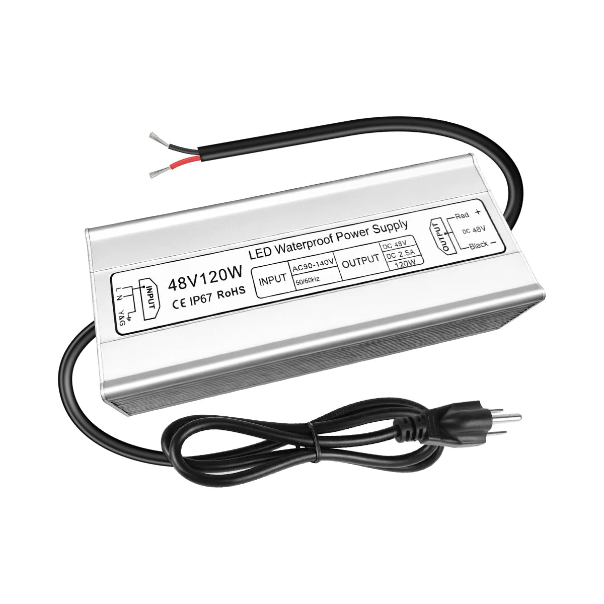 120W 36V/48V Waterproof LED Power Supply, 90-140V Input, Single Output, Aluminum Housing, Outdoor LED Lighting Driver, CE/RoHS/FCC Certified, US Plug