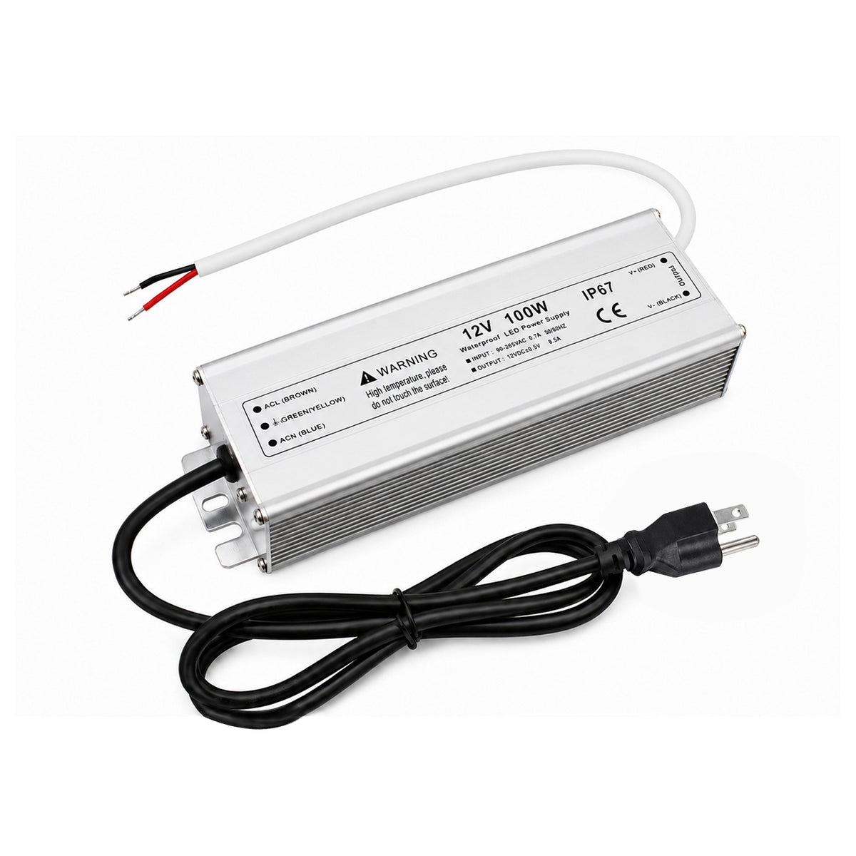 100W 12V/24V Waterproof LED Power Supply, 90-265V Input, Single Output, Aluminum Housing, Outdoor LED Lighting Driver, CE/RoHS/FCC Certified, US/UK/EU Plug