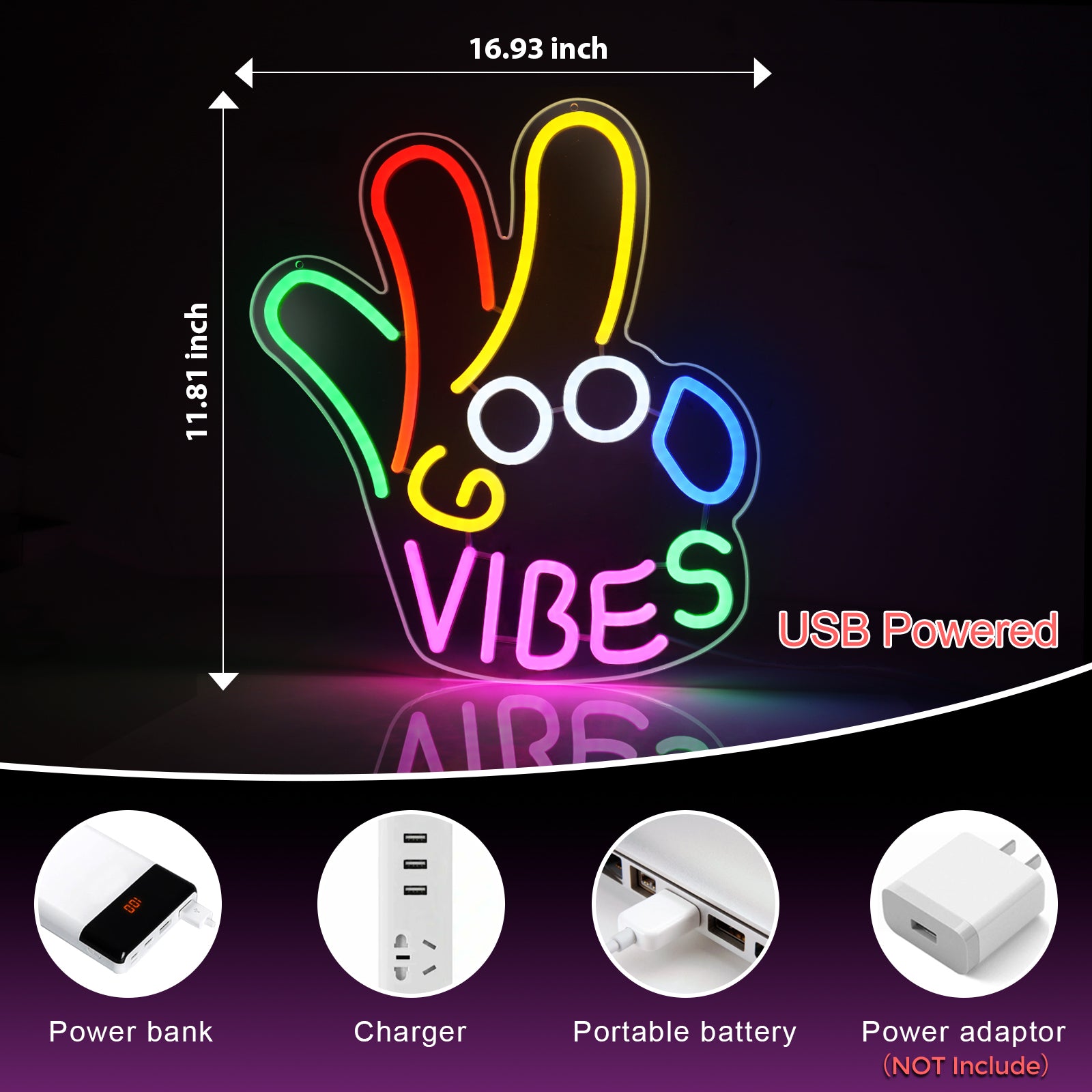 LightingWill Good Vibes “Okay” Neon Sign – Dimmable USB LED Light for Wall Decor, Game Room, Bar, Party – Durable, Safe & Energy-Saving