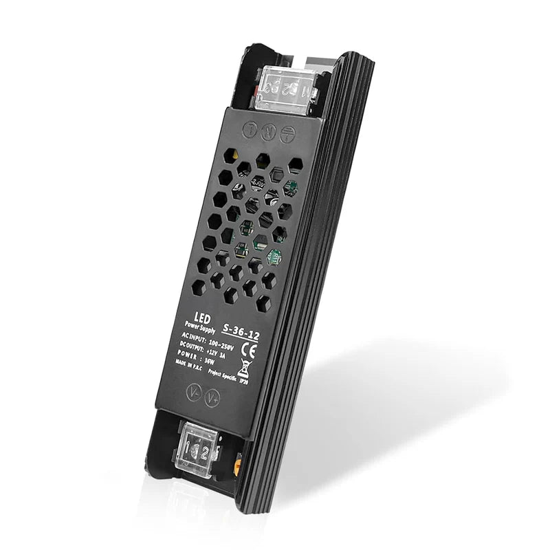 Slim Black DC 12V/24V 36W–200W Switching Power Supply, AC 110–250V Input, Narrow Type LED Transformer, Compact Metal Housing, CE/FCC/RoHS Certified