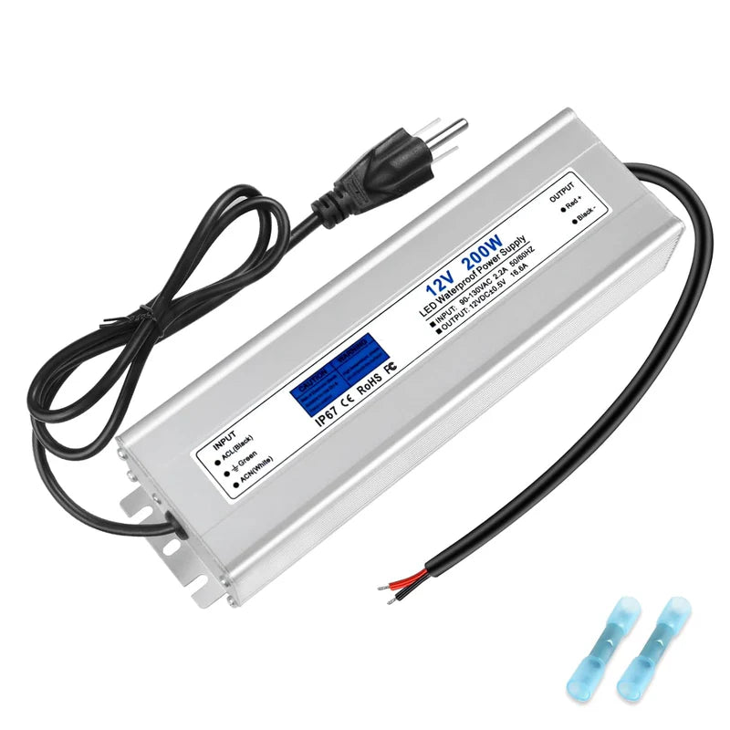 12V Waterproof LED Transformer, 200W–500W Outdoor LED Driver, 90–140V AC Input, Single or Dual Wire Output, CE/RoHS/FCC Certified, US Plug & Wire Lead Options