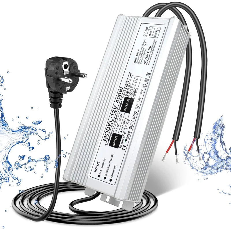 12V Waterproof LED Power Supply – 200W–500W Outdoor LED Driver, 175–265V AC Input, Single or Dual Wire Output, CE/RoHS/FCC Certified, UK/EU Plug & Wire Lead Options