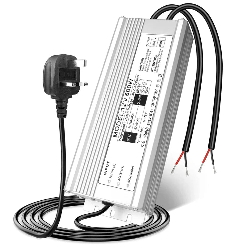 12V Waterproof LED Power Supply – 200W–500W Outdoor LED Driver, 175–265V AC Input, Single or Dual Wire Output, CE/RoHS/FCC Certified, UK/EU Plug & Wire Lead Options