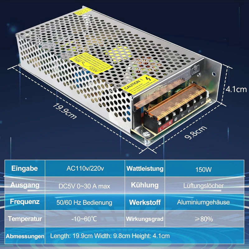 DC 5V 10W–300W Switching Power Supply, AC 110/220V Input, LED Strip Driver Transformer, Industrial Metal Case with Terminals, CE/FCC/RoHS Certified (300W with Cooling Fan)