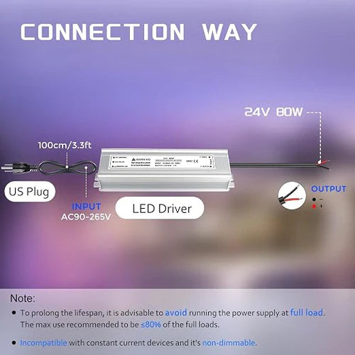80W 12V/24V/36V/48V Waterproof LED Power Supply, 90-265V Input, Single Output, Aluminum Housing, Outdoor LED Lighting Driver, CE/RoHS/FCC Certified, US/UK/EU Plug