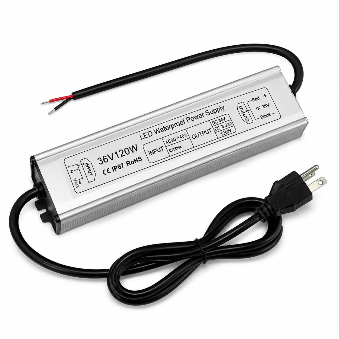 120W 36V/48V Waterproof LED Power Supply, 175-265V Input, Single Output, Aluminum Housing, Outdoor LED Lighting Driver, CE/RoHS/FCC Certified, EU Plug