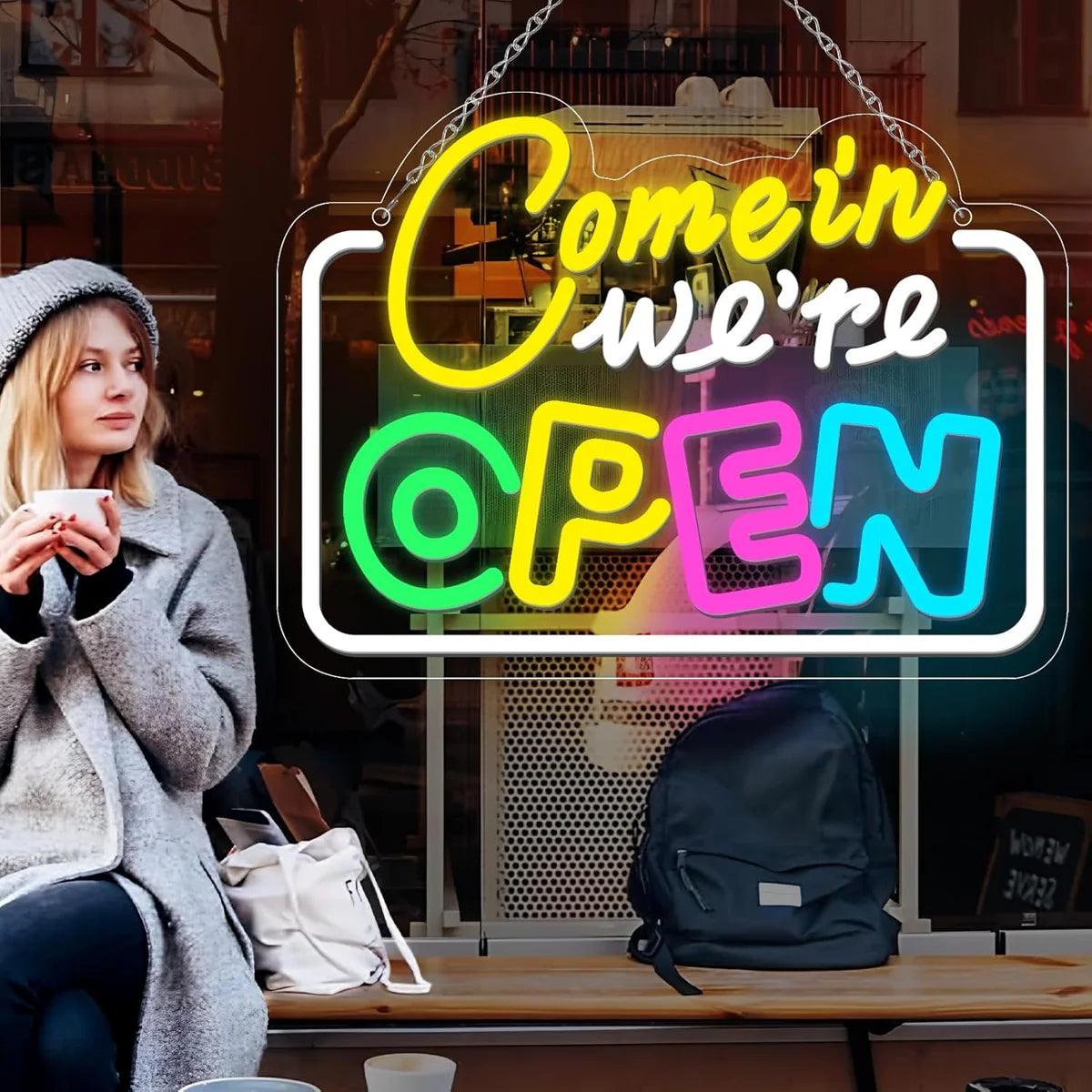 Come in We’re Open Neon Sign – Multicolor Glow | 15.7×11.8 inch (40×30 cm) | Window Hanging Business Sign | Plug & Play