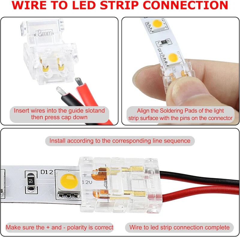 LightingWill LED Strip Connector 8mm 2Pin Transparent Solderless Clips, LED Light Strip Connector Crystal Strip to Wire Strip to Strip DC Adapter L Connector, Local Stock US UK