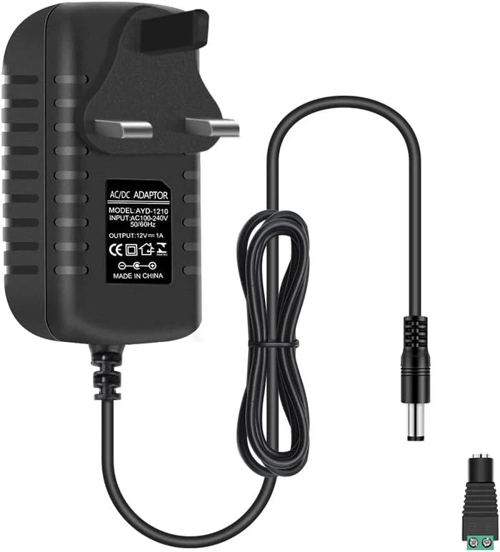 Power Supply Adapter DC 12V 12W–24W, AC 100–240V Wall Plug Transformer with US/UK Plug, Black Case LED Driver for LED Strip Lights, CCTV, Electronics