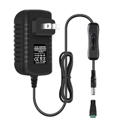 DC 12V Plug-in LED Adapter with On/Off Switch, 12W, US Plug, Black Housing, 100–240V AC Input - Power Supply for LED Strip Lights, Under Cabinet Lighting and Home Lighting