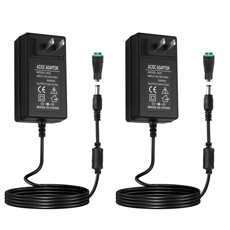 Power Supply Adapter DC 24V 48W–72W, AC 100–240V Switching Transformer LED Driver Wall Plug Charger with US Plug, Black Case for LED Strip Lights and Electronics