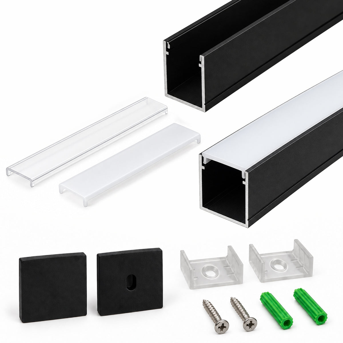 Black U06 24x24mm U Shape LED Aluminum Channel, 20mm Inner Width, with Cover, End Caps and Mounting Clips for LED Strip Light Spot Free Installations