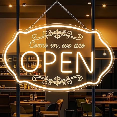 WE ARE OPEN COME IN LED Silicone LED shop signs – 23.5×14 Inch & 16.5×10 Inch | 5V USB Powered Dimmable Light with Engraved Back Design for Cafes, Restaurants & Retail Shops