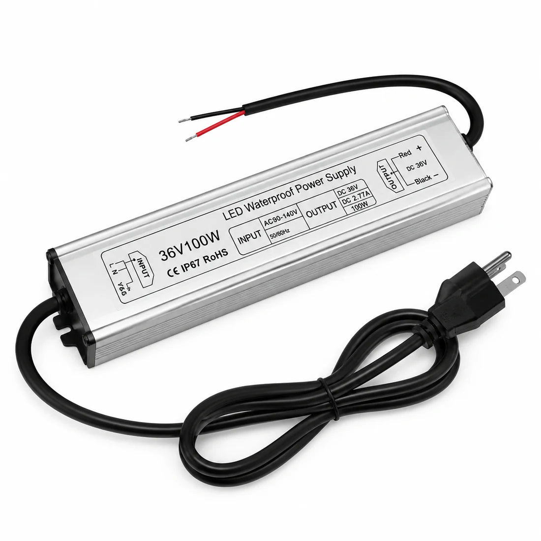 100W 36V/48V Waterproof LED Power Supply, 90-140V Input, Single Output, Aluminum Housing, Outdoor LED Lighting Driver, CE/RoHS/FCC Certified, US Plug