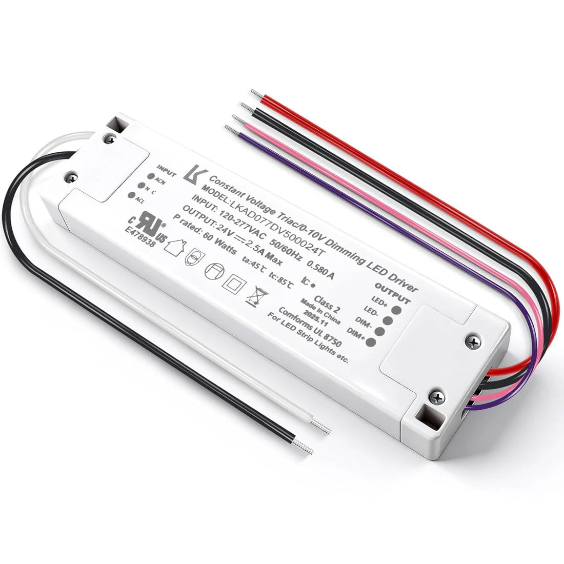 60W 24V DC Plastic Case Triac Dimmable LED Driver, UL Listed, AC 120-277V Input, LED Driver for LED Strip Lighting / Under Cabinet Lighting / Home Ambient Lighting
