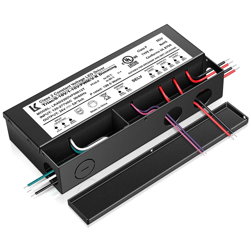 24V DC 5-in-1 Dimmable LED Power Supply – 60W / 100W / 200W UL Listed Waterproof LED Driver, AC 120–277V Input, Compatible with Triac / ELV / 0-10V / PWM / Resistive Dimming
