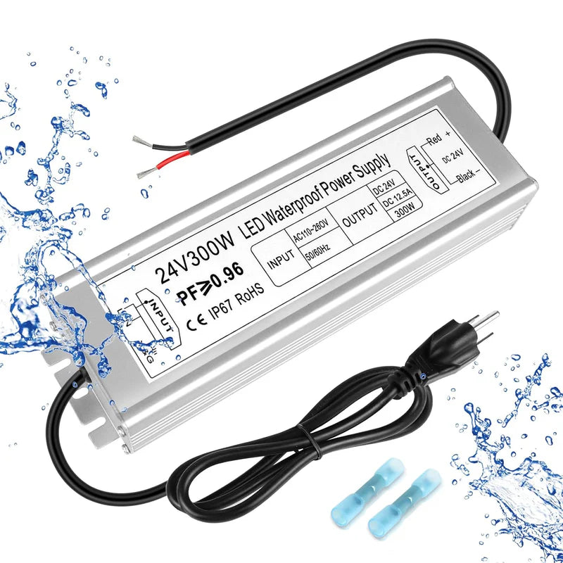 24V Waterproof LED Power Supply – 30W–300W Outdoor LED Driver, 90–265V AC Input, Single or Dual Wire Output, CE/RoHS/FCC Certified, US/UK/EU Plug & Wire Lead Options