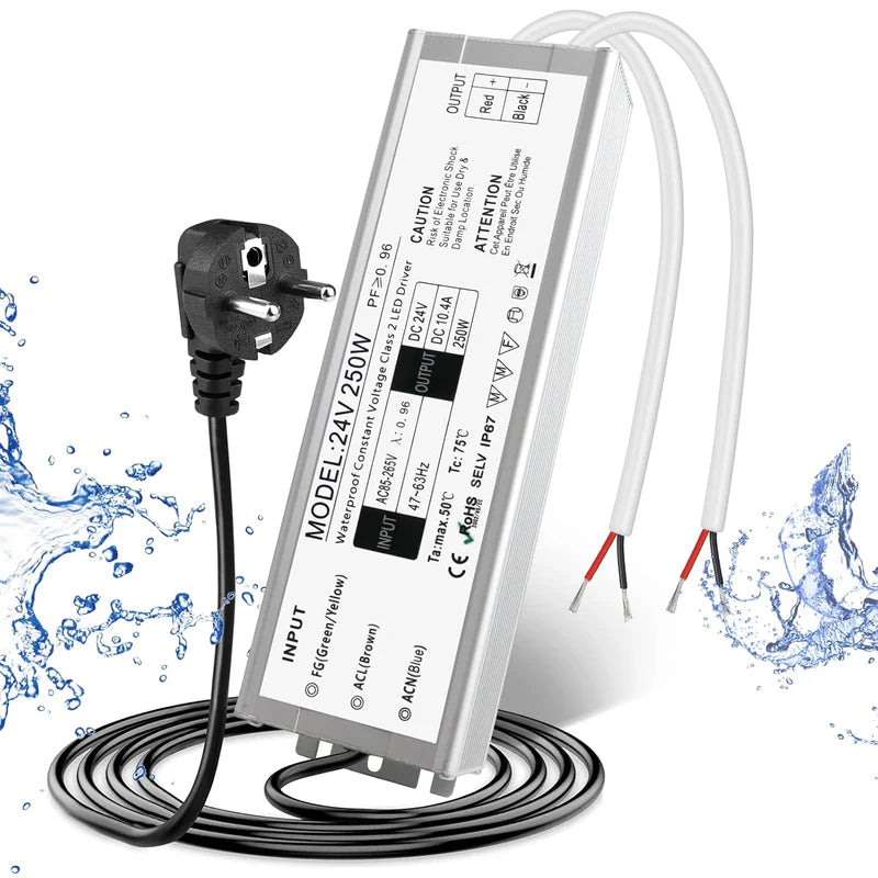24V Waterproof LED Power Supply – 30W–300W Outdoor LED Driver, 90–265V AC Input, Single or Dual Wire Output, CE/RoHS/FCC Certified, US/UK/EU Plug & Wire Lead Options