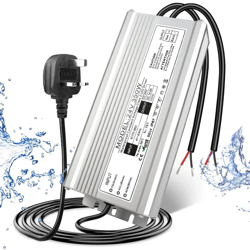 24V Waterproof LED Driver – 200W–500W Outdoor Power Adapter, 175–265V AC Input, Single or Dual Wire Output, CE/RoHS/FCC Certified, UK/EU Plug & Wire Lead Options