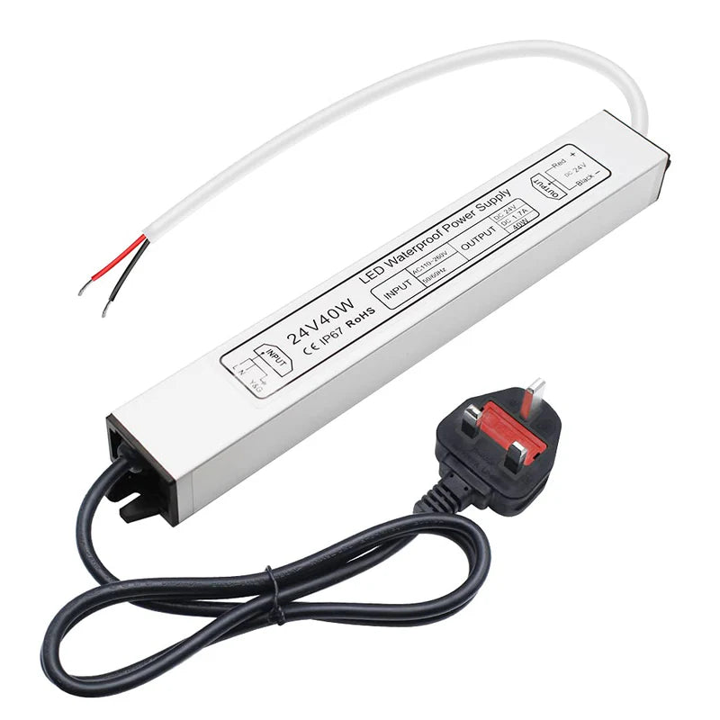 24V Waterproof LED Power Supply – 30W–300W Outdoor LED Driver, 90–265V AC Input, Single or Dual Wire Output, CE/RoHS/FCC Certified, US/UK/EU Plug & Wire Lead Options