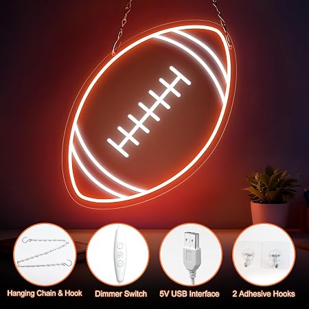 LED Neon Signs – Rugby Ball Silicone Neon Sign – 16×10 Inch | USB Neon Light Orange & White Glow LED Wall Light | Neon Lamp with Accessories Included | Hanging Sports Decor for Bedroom, Game Room, Bar & Party Spaces