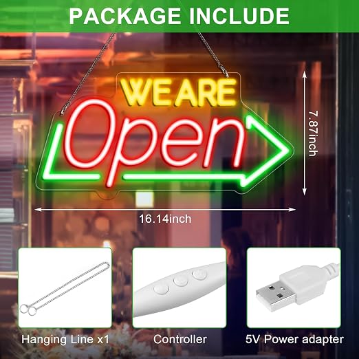 WE ARE OPEN Integrated LED shop signs – USB Powered | 16.1×7.8 inch | Arrow Shape LED Window Sign | Yellow + Red + Green Glow for Cafes, Restaurants & Retail Shops
