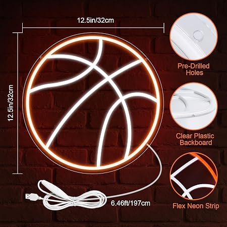LED Neon Signs – Basketball Silicone Neon Sign – 12.5×12.5 Inch | 5V USB Powered Dimmable Orange & White Glow LED Wall Light | Neon Lamp with Accessories Included | Hanging Sports Decor for Bedroom, Game Room, Bar & Party Spaces