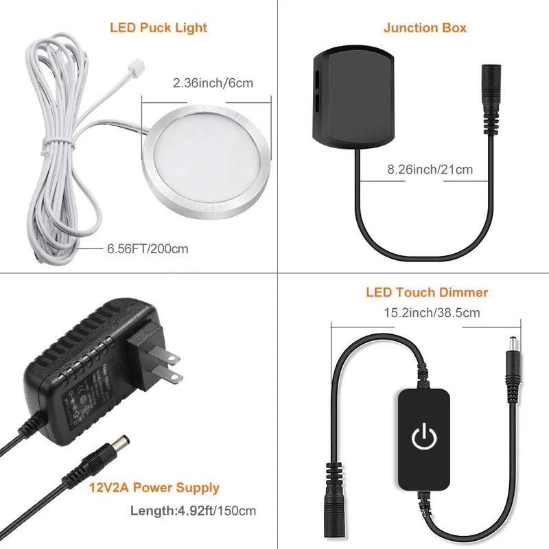 LightingWill LED Puck Cabinet Lights 3/6 Pack 12V Adapter, Touch Dimmable Under Cabinet Lights, Warm White / Daylight White, Silver Finish, Adhesive Mount for Kitchen and Cabinets, US / UK Plug