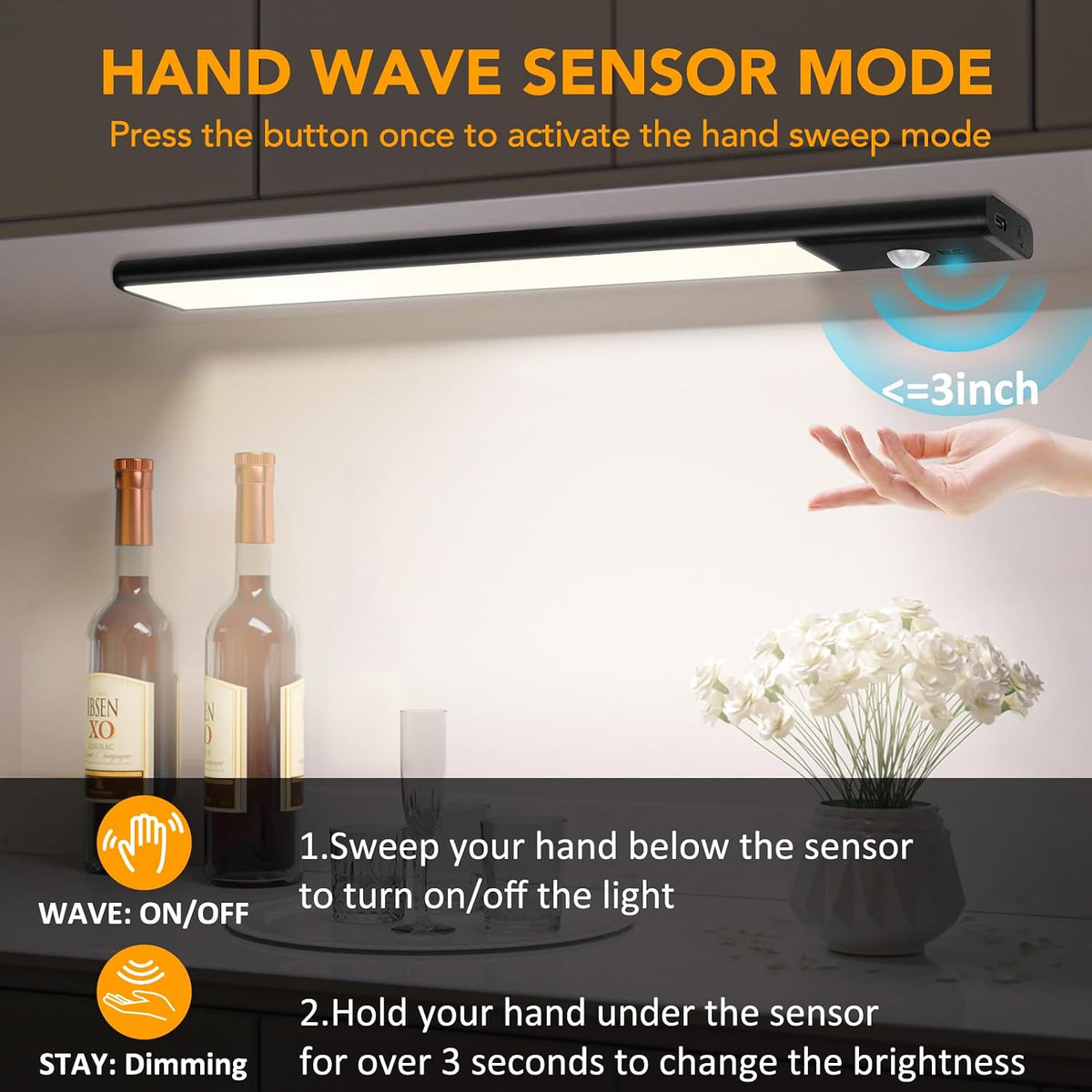 LightingWill Rechargeable Under Cabinet Light 2 Pack 9” / 12”, 3CCT 3000K/4000K/6000K LED Cabinet Light, Motion Sensor and Touch Dimming, Magnetic Mount for Cabinet Lighting, Silver or Black Finish