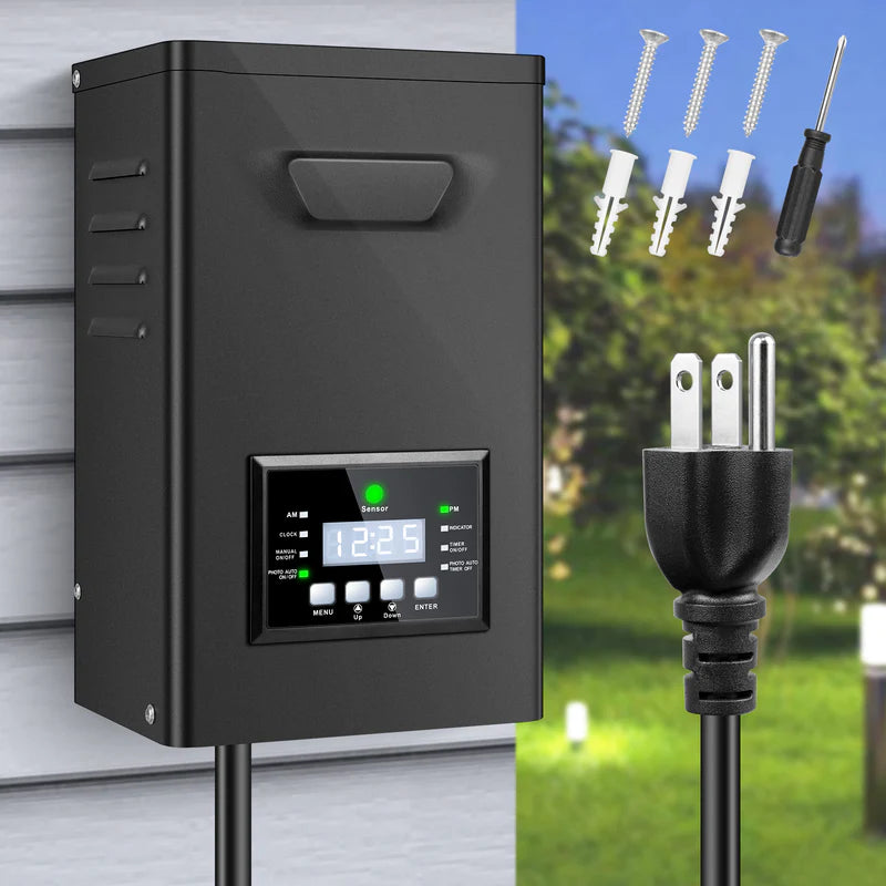 Heavy-Duty Low Voltage Landscape Lighting Transformer 300W / 400W – Outdoor 120V AC to 12V/14V AC Power Supply with LCD Timer & Photocell Sensor for Garden and Pathway Lighting