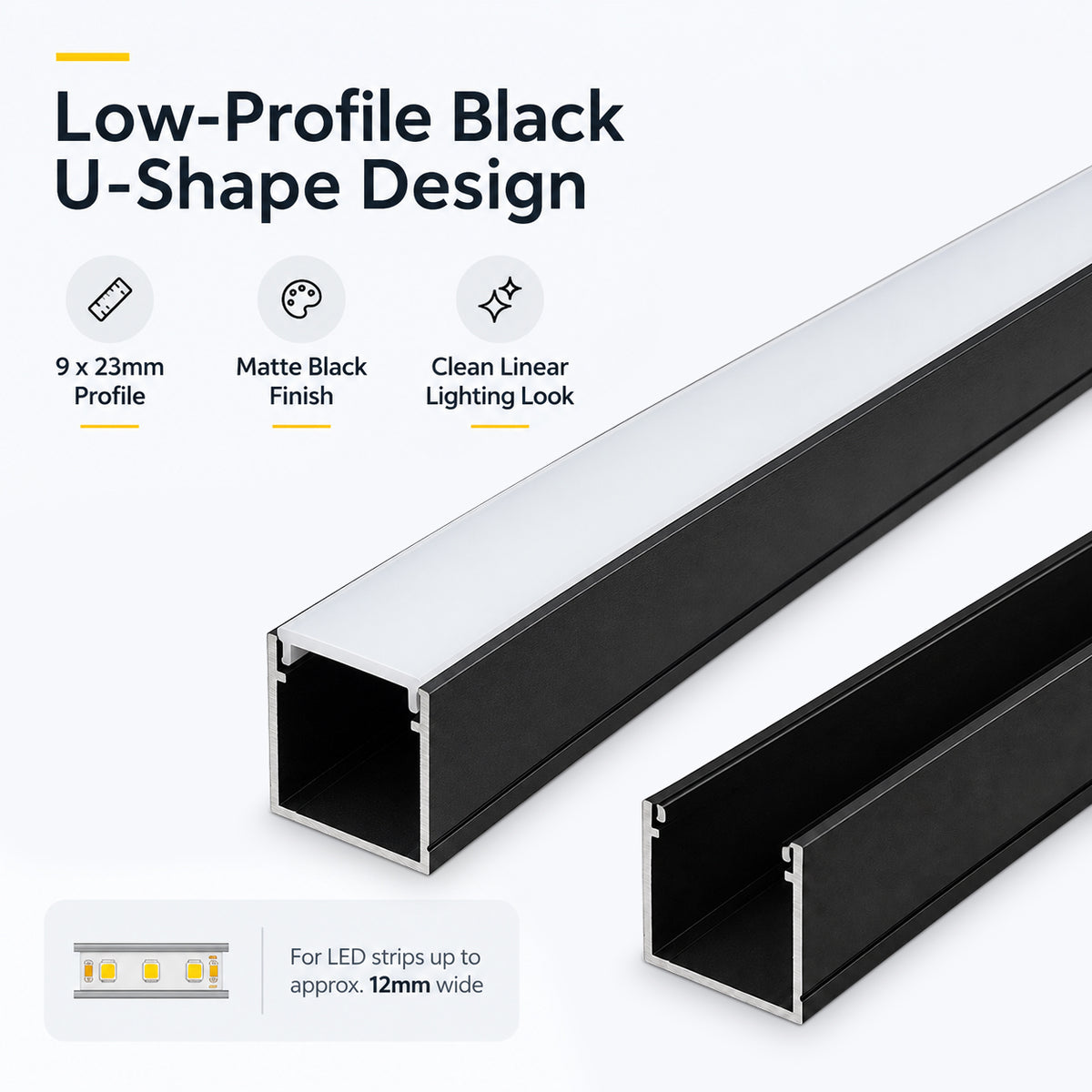 Black U06 24x24mm U Shape LED Aluminum Channel, 20mm Inner Width, with Cover, End Caps and Mounting Clips for LED Strip Light Spot Free Installations