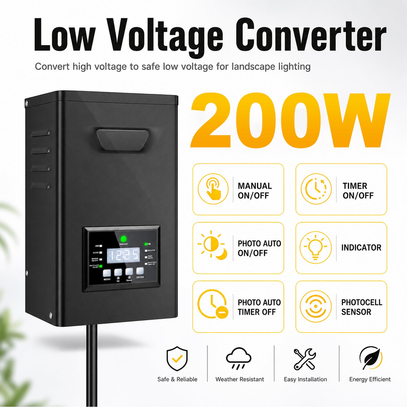 200W/250W Landscape Lighting Transformers – 120V to 12V/15V AC, Single Zone, Timer & Internal Photocell, Power Supply for Landscape Lighting Systems