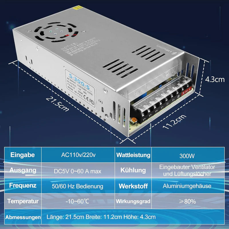 DC 5V 10W–300W Switching Power Supply, AC 110/220V Input, LED Strip Driver Transformer, Industrial Metal Case with Terminals, CE/FCC/RoHS Certified (300W with Cooling Fan)