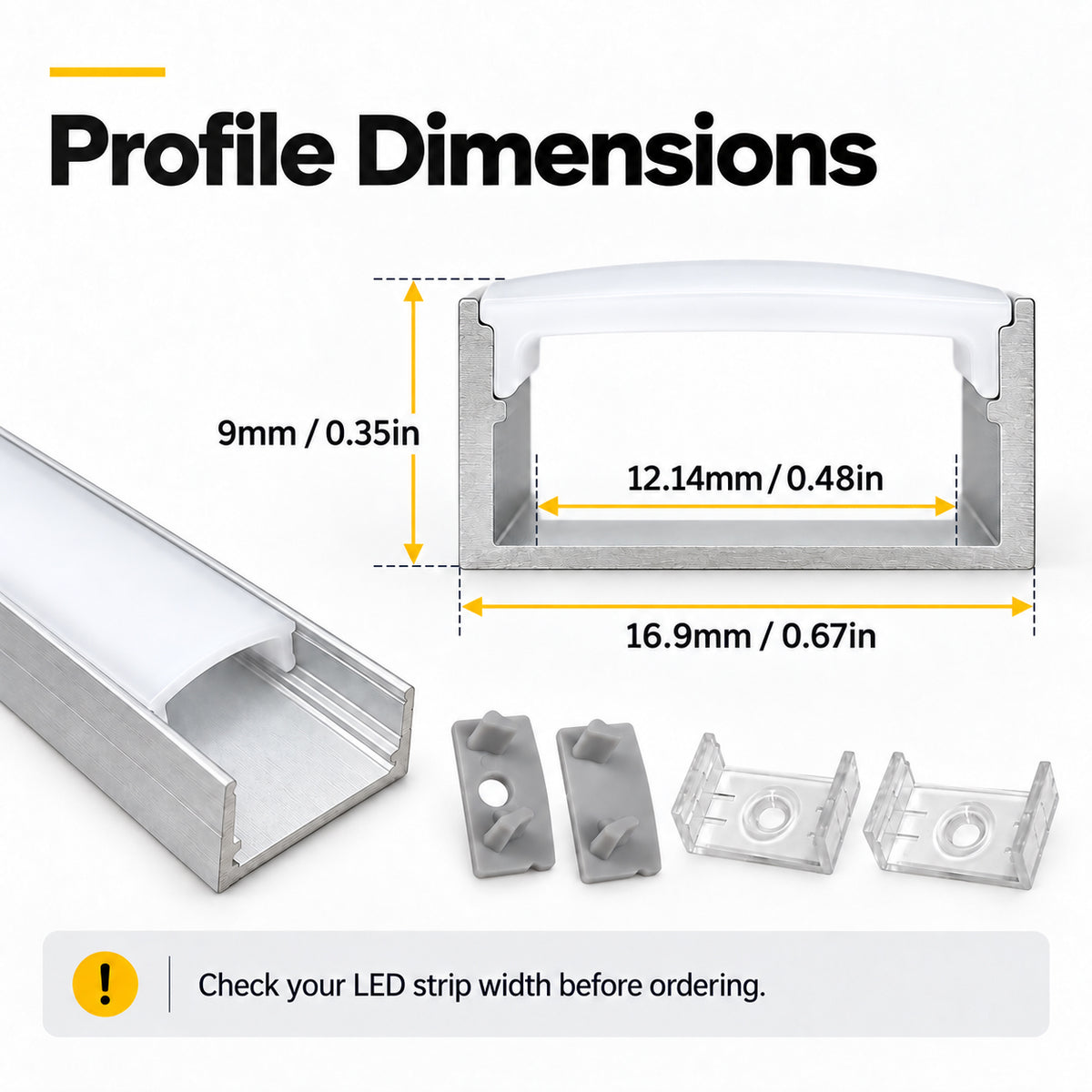 Silver U02 9x17mm U-Shape LED Aluminum Channel, 12mm Inner Width, with Cover, End Caps & Mounting Clips