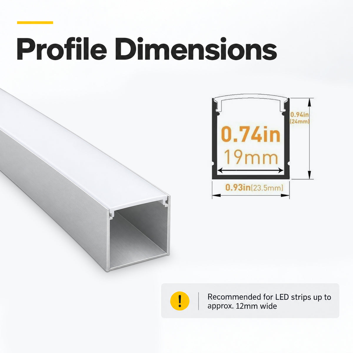 Sliver U06 24 x 24 mm, silberner U-förmiger LED-Aluminiumkanal, schwarzes Gehäuse, Innenbreite 20 mm, mit weißer Diffusor-Abdeckung, Endkappen und Befestigungsclips für die punktfreie Installation von LED-Lichtstreifen
