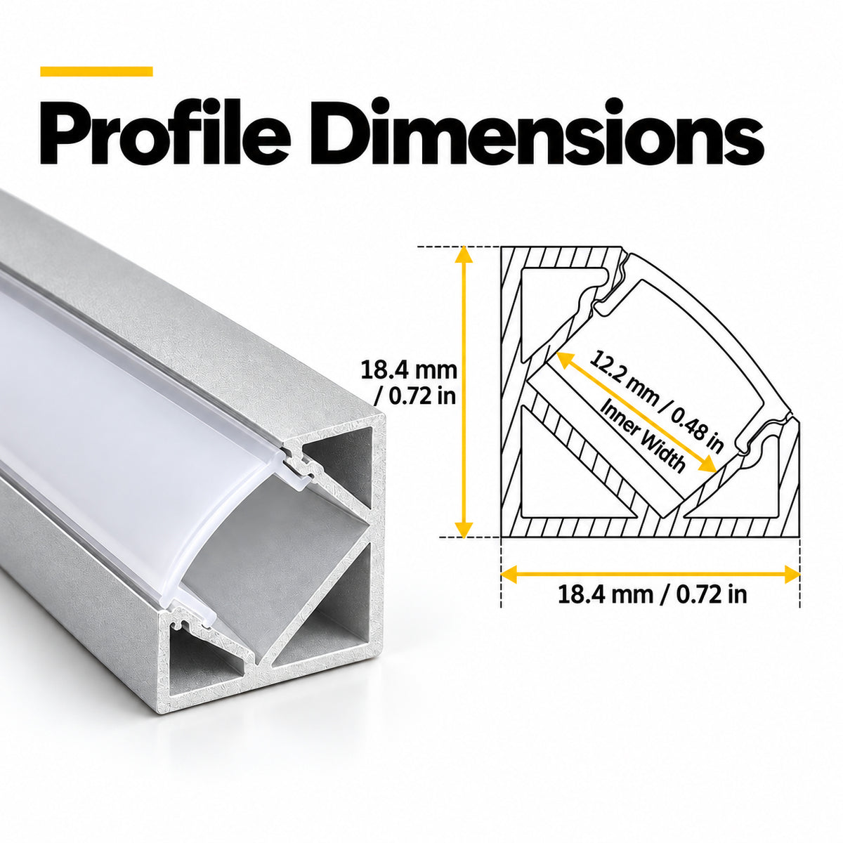 Silver V03 18x18mm V-Shape Corner-Mount LED Aluminum Channel, 12mm Inner Width, with Cover, End Caps & Mounting Clips