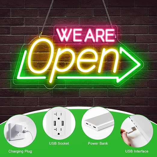 WE ARE OPEN Silicone LED shop signs – USB Powered | 16.1×7.8 inch | Arrow Shape LED Window Sign | Yellow + Red + Green Glow for Cafes, Restaurants & Retail Shops