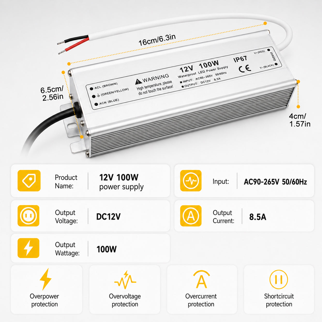 100W 12V/24V Waterproof LED Power Supply, 90-265V Input, Single Output, Aluminum Housing, Outdoor LED Lighting Driver, CE/RoHS/FCC Certified, US/UK/EU Plug