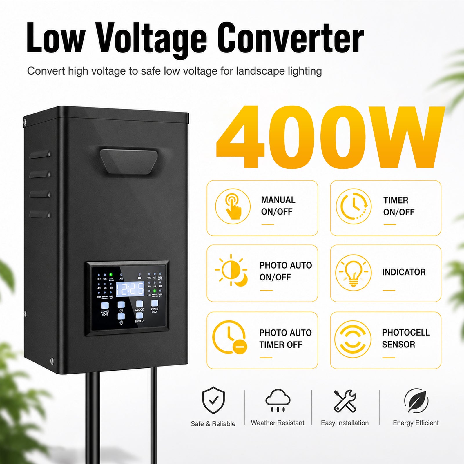 400W Landscape Lighting Transformers – 120V to 12V/14V AC, Dual Zone, Timer & External Photocell, Power Supply for Landscape Lighting Systems