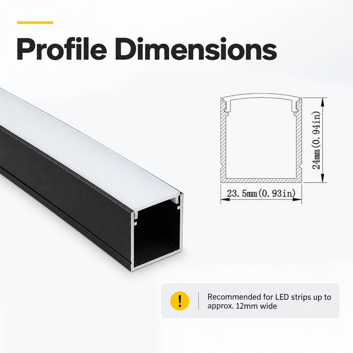 Black U06 24x24mm U Shape LED Aluminum Channel, 20mm Inner Width, with Cover, End Caps and Mounting Clips for LED Strip Light Spot Free Installations