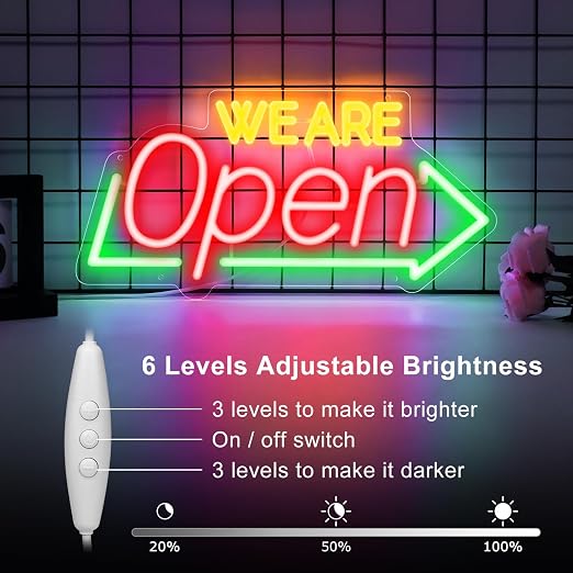 WE ARE OPEN Integrated LED shop signs – USB Powered | 16.1×7.8 inch | Arrow Shape LED Window Sign | Yellow + Red + Green Glow for Cafes, Restaurants & Retail Shops