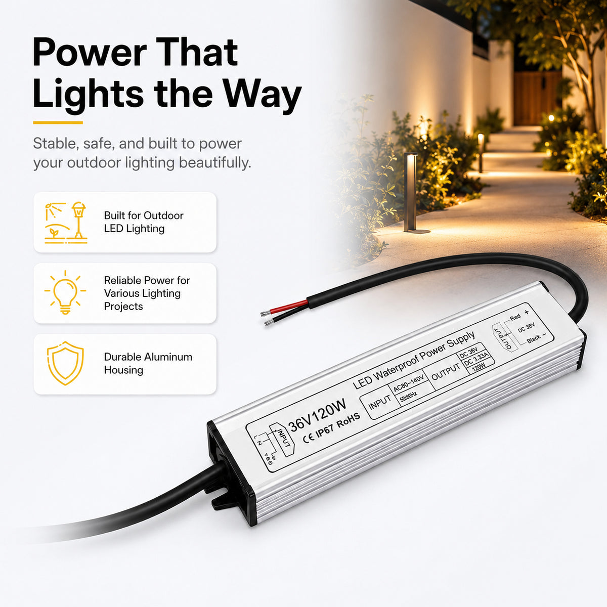 120W 36V/48V Waterproof LED Power Supply, 175-265V Input, Single Output, Aluminum Housing, Outdoor LED Lighting Driver, CE/RoHS/FCC Certified, UK/EU Plug