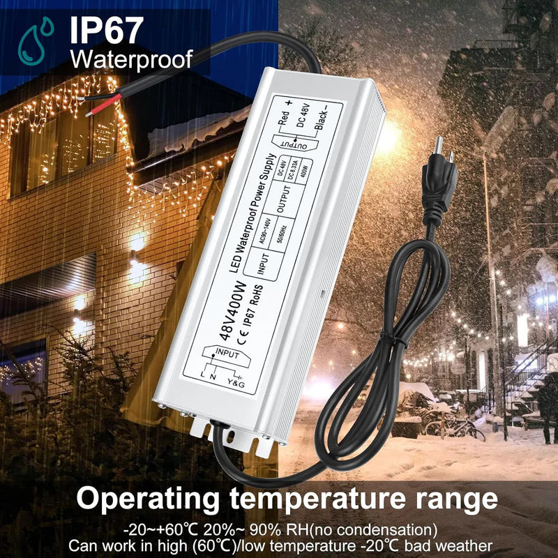 48V IP67 Waterproof LED Driver – 100W–400W Constant Voltage Power Supply, 90–140V AC Input, Single Output, CE/RoHS/FCC Certified, US Plug & Wire Lead Options