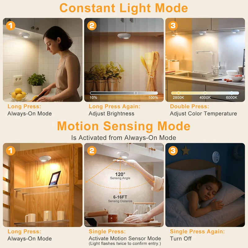 LightingWill Rechargeable Pebble LED Closet Light 4/6 Pack 3 LEDs, 3 Color Modes 3000K / 4000K / 6000K Motion Sensor Dimmable Cabinet Light, Tap Switch, White Finish, Magnetic Mounting
