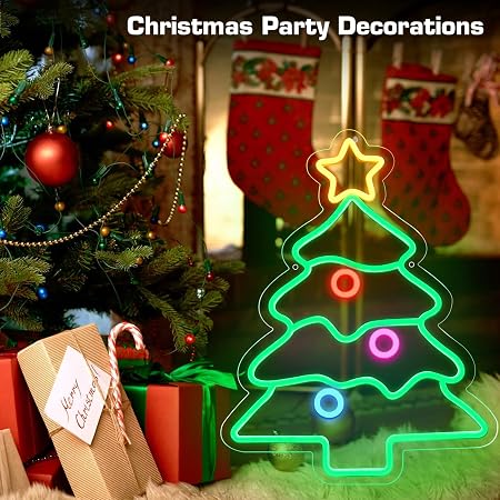 LED Neon Signs – Christmas Tree Silicone Neon Sign – 18.5×14.17 Inch | USB Neon Light for Wall Decor | Dimmable Neon Lamp with Accessories Included | Hanging Holiday Decor for Christmas Party, Bedroom & Home Spaces