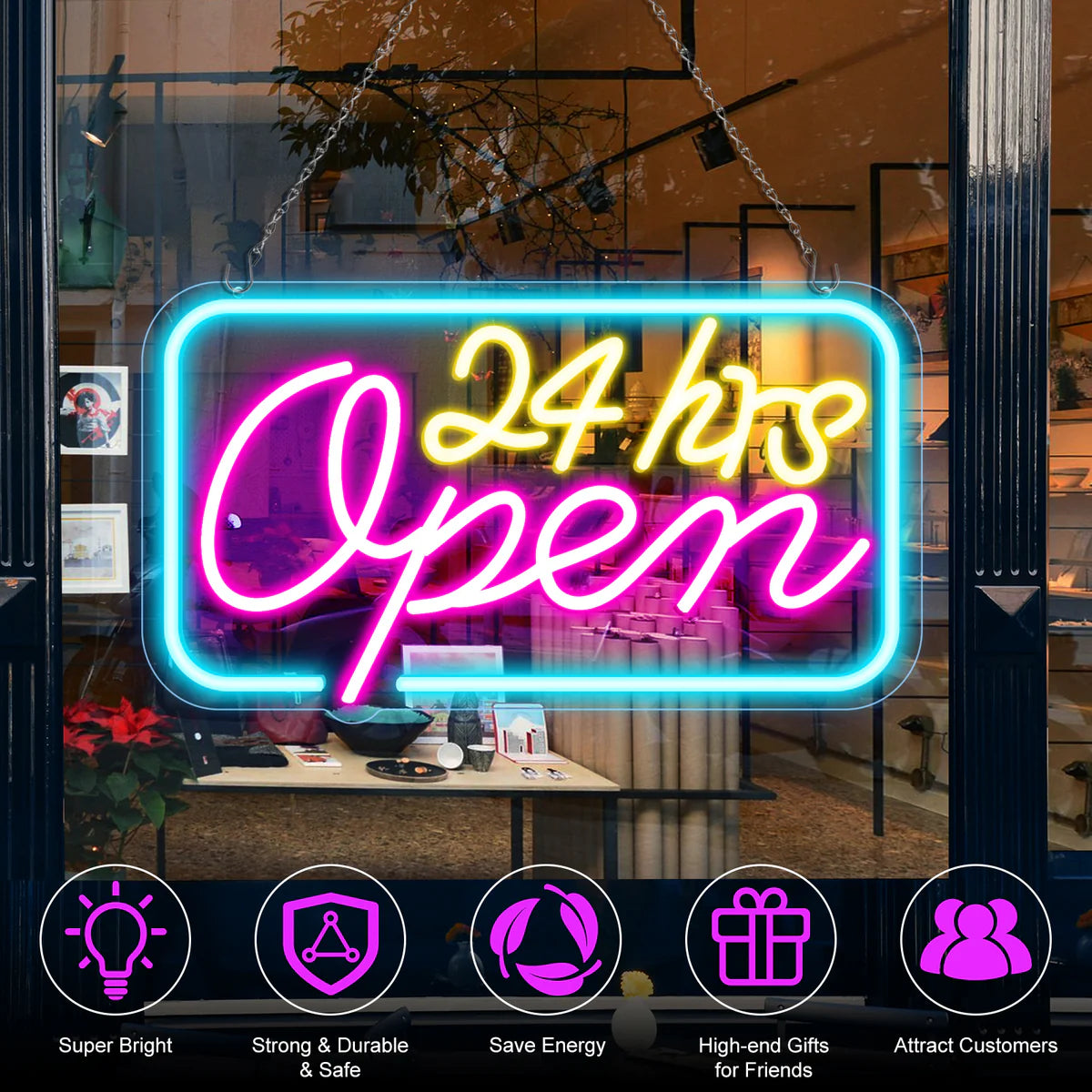 24hrs Open Neon Sign – 16×9 inch (40×23 cm) | Ice Blue, Yellow & Purple Glow | Window Hanging Light for 24 Hour Stores Plug & Play