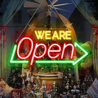 WE ARE OPEN Integrated LED shop signs – USB Powered | 16.1×7.8 inch | Arrow Shape LED Window Sign | Yellow + Red + Green Glow for Cafes, Restaurants & Retail Shops